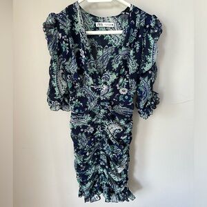 ZARA Floral Print Draped Mini Dress Women's Blue Floral Puff Sleeve Bodycon - MD